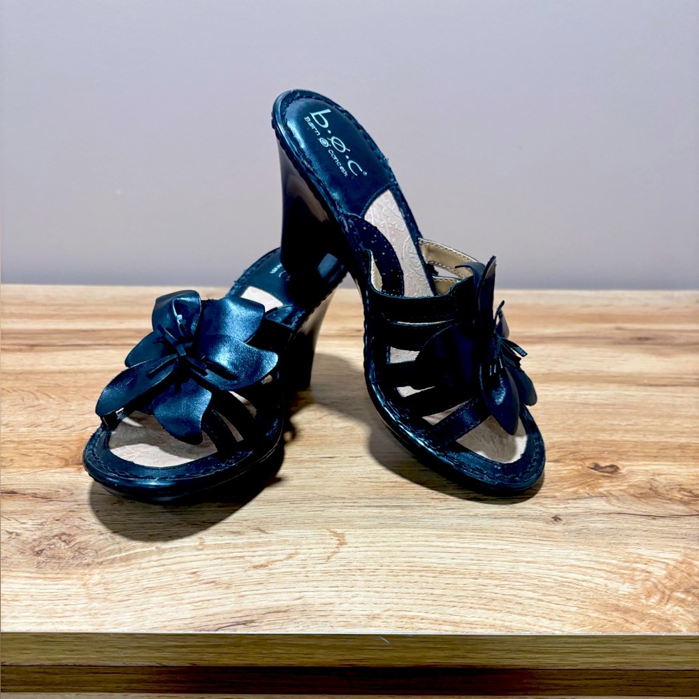 b.o.c. Navy Satin Floral High Heel Sandals